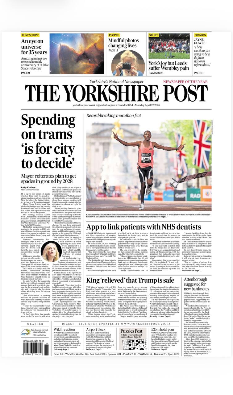 The Yorkshire Post front page, 27 April 2026, featuring HelpDental
